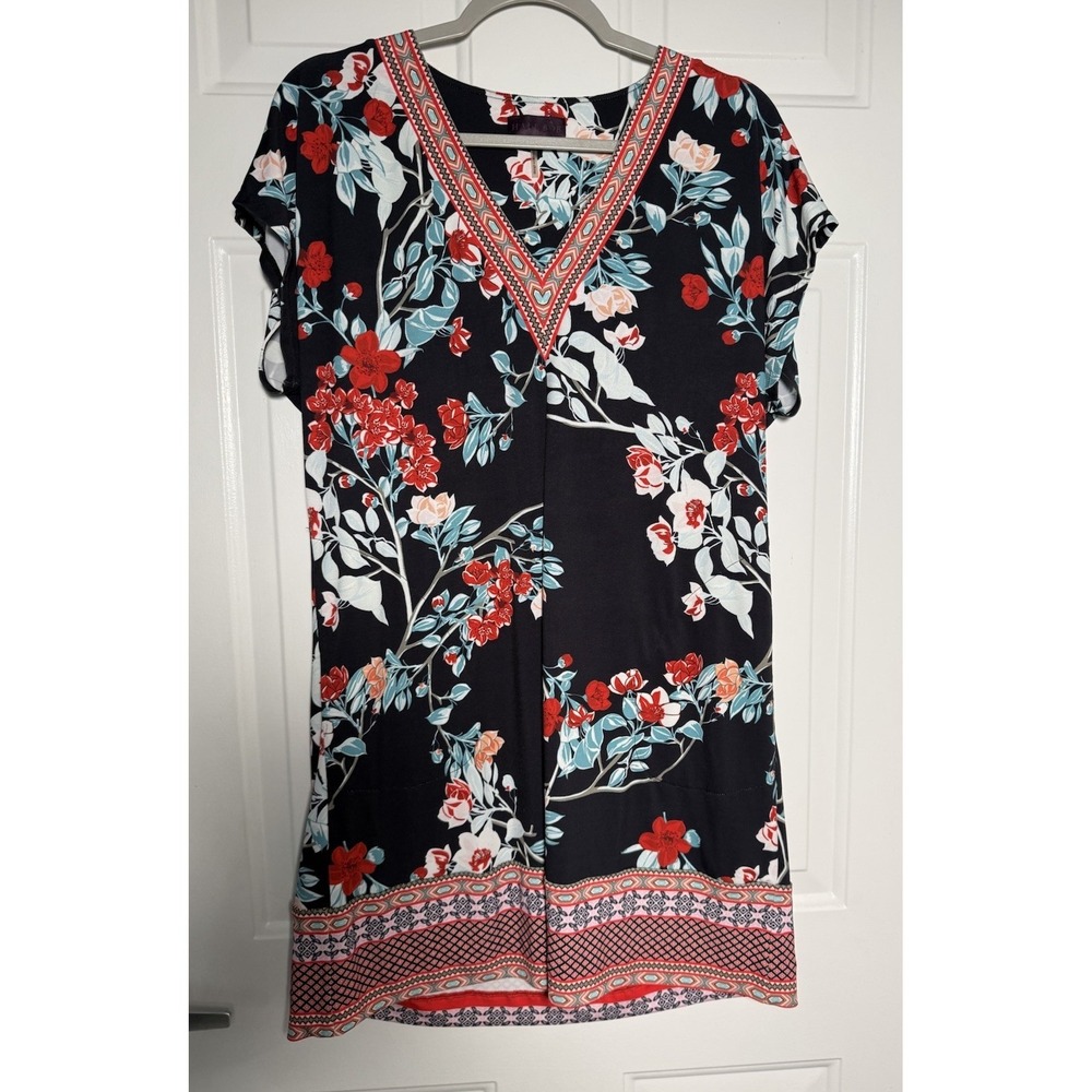 Hale Bob blue beige brown cream geometric pattern blouse top L #1601